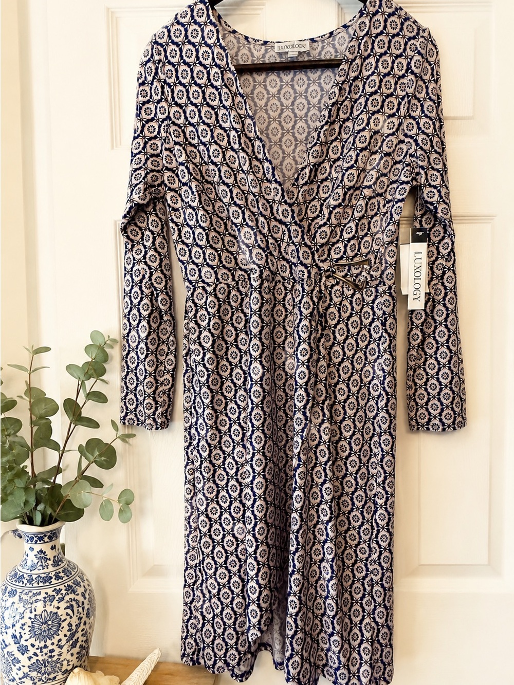 Luxology Navy and Cream Geometric Faux Wrap Dress